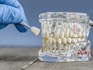 Dental Implant Model Showcasing Prosthetic Teeth on a Transparent Jaw for Educational